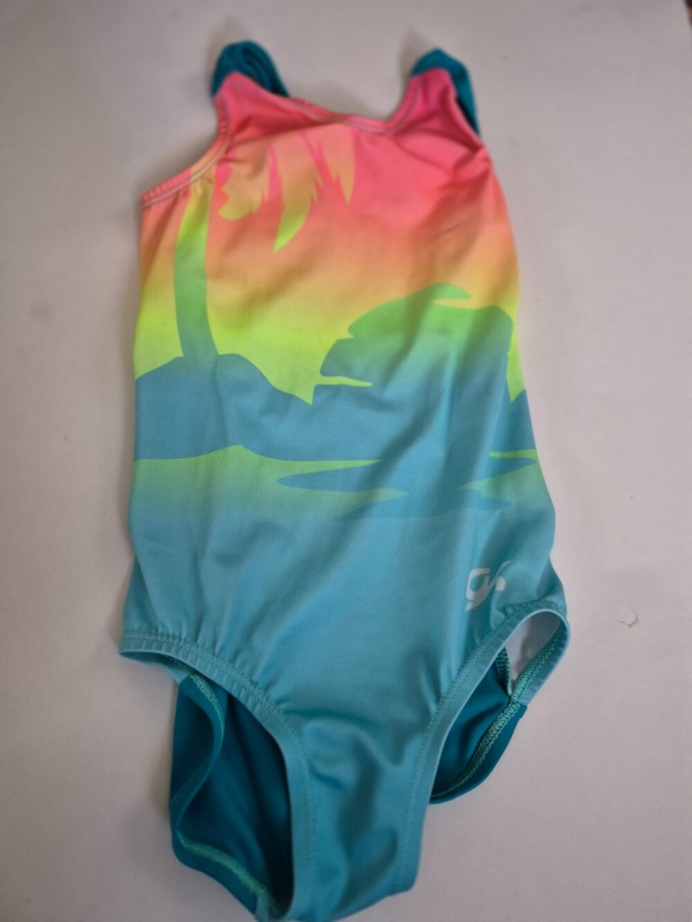 GK elite gymnastic body suit leotard child S sunset tropical orange turquoise